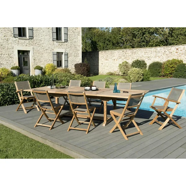Salon de Jardin Teck Table extensible 200/300 + 6 chaises pliantes 2 fauteuils pliants SUMMER ref. 30020853