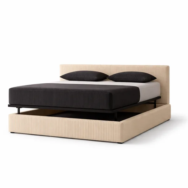SAMPUR Lit Coffre Avec Ouverture Latérale - Velours Côtelé Beige - Tête De Lit Incluse - 180x200 Cm