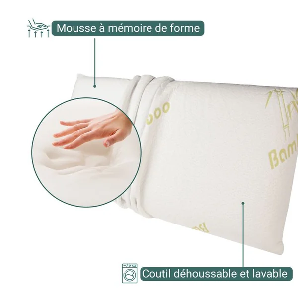 SAMPUR Oreiller Bamboo 60 x 60 Cm - Mousse à Mémoire De Forme - Déhoussable