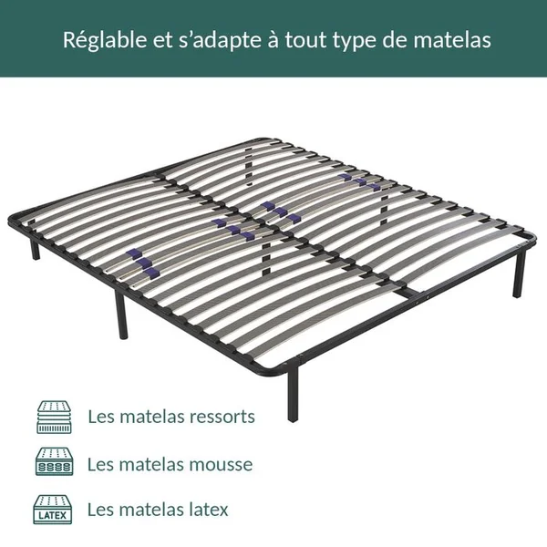 SAMPUR Sommier 160x200 Cm Confortflex - Cadre à Lattes Effet Carbone Réglables - 7 Pieds Inclus
