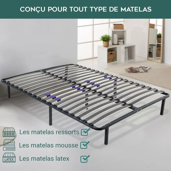 SAMPUR Sommier 180x200 cm Confortflex - Cadre à lattes effet carbone réglables - 7 Pieds inclus
