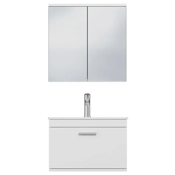 SANIVERRE Meuble 1 Vasque Encastrée 60 Cm + Miroir Armoire 1 Tiroir Blanc Salle De Bain - Rubite