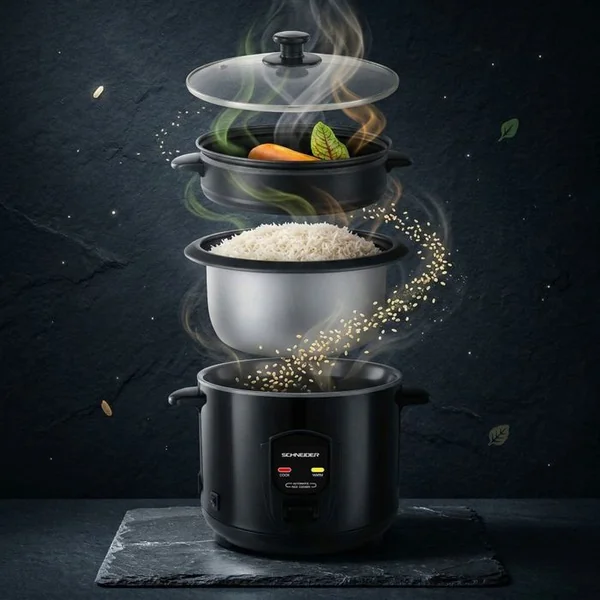 SCHNEIDER Souffle De Riz - Noir - Cuiseur à Riz 1,8l - Panier Vapeur - Maintien Au Chaud