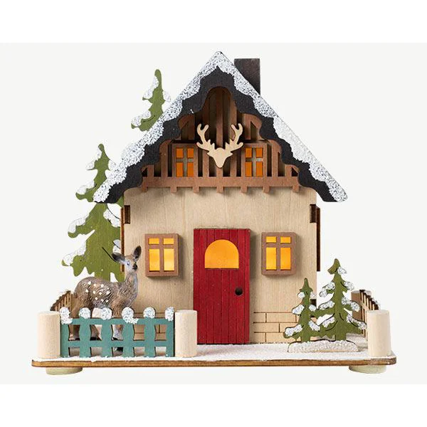 Scénette chalet en bois coloré à 2 LED blanc chaud sur piles - 15 x 9 x 13 cm