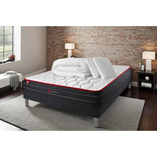 SOMNESS Ensemble Matelas Boost 160x200 + Sommier Noir + Couette + 2 Oreillers - Ressorts Ensachés Et Mémoire