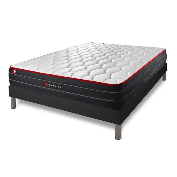 SOMNESS Ensemble Matelas Boost 160x200 + Sommier Noir + Couette + 2 Oreillers - Ressorts Ensachés Et Mémoire
