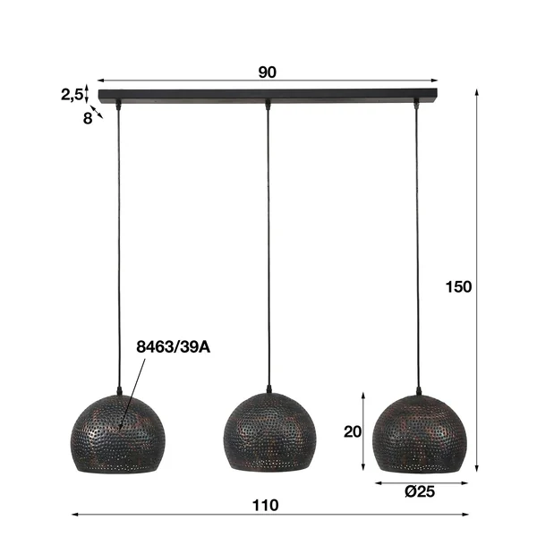 Suspension ajourée 3 demi-globes métal 110x25x150cm RALF
