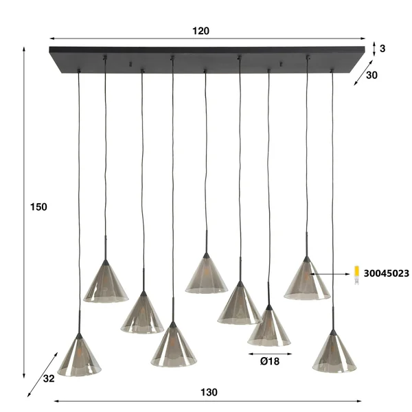 Suspension design en verre fumé 9 abat-jour coniques RALF