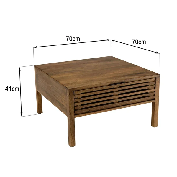 Table basse carrée 70x70 cm bois exotique 2 tiroirs opposés KANHA