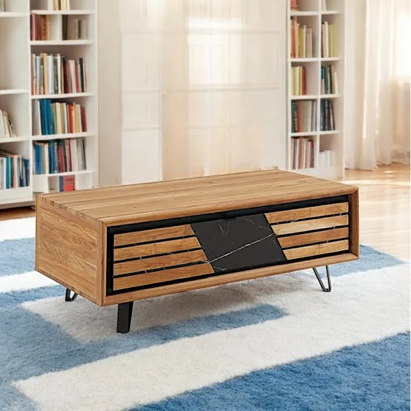 Table basse design en bois de chêne finition miel, 1 tiroir ESSEN
