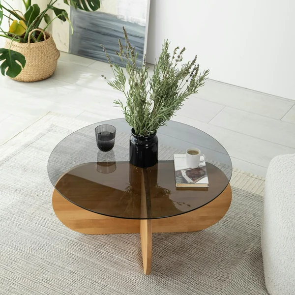 Table basse en verre fumé – pied en croix bois clair ANZIO