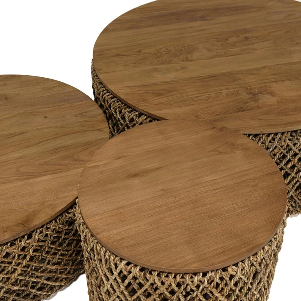 Table basse gigogne ronde en teck et rotin (lot de 3) SWING