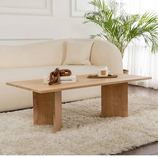 Table basse moderne effet chêne clair - pieds en V MARFA
