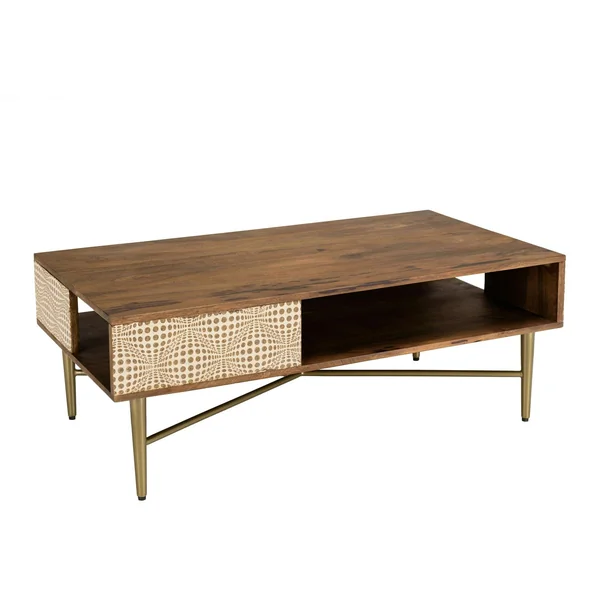 Table basse rectangulaire plateau bois semi ouvert pieds dorés KANHA