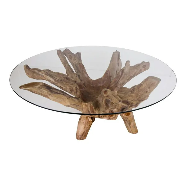 Table basse ronde en racine de teck Ø110 cm - plateau verre ARIZONA