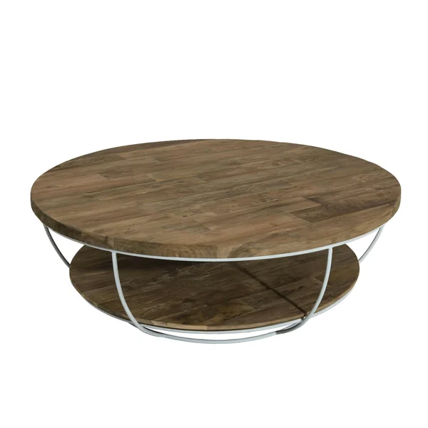 Table basse ronde teck recyclé structure filaire blanche 2 plateaux SWING