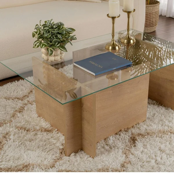 Table basse verre déstructurée – effet chêne cl., H. 40 cm SALTA