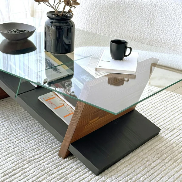 Table basse verre et bois brun - fonction porte-revues LHASA