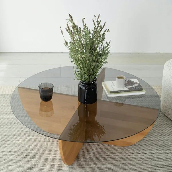 Table basse verre fumé – pied croix bois clair, 90 cm ANZIO
