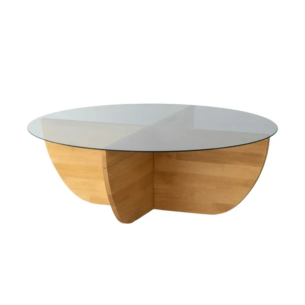 Table basse verre fumé – pied croix bois clair, 90 cm ANZIO