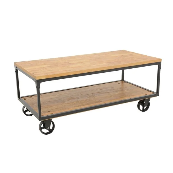 Table basse à roulettes double plateaux en Hévéa recyclé naturel et métal 120x60x47cm LOFT