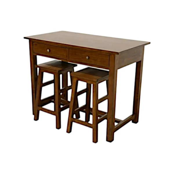 Table de Bar Hévéa 110x60x85cm avec 2 tiroirs + 2 Tabourets 40x40x60cm TRADITION