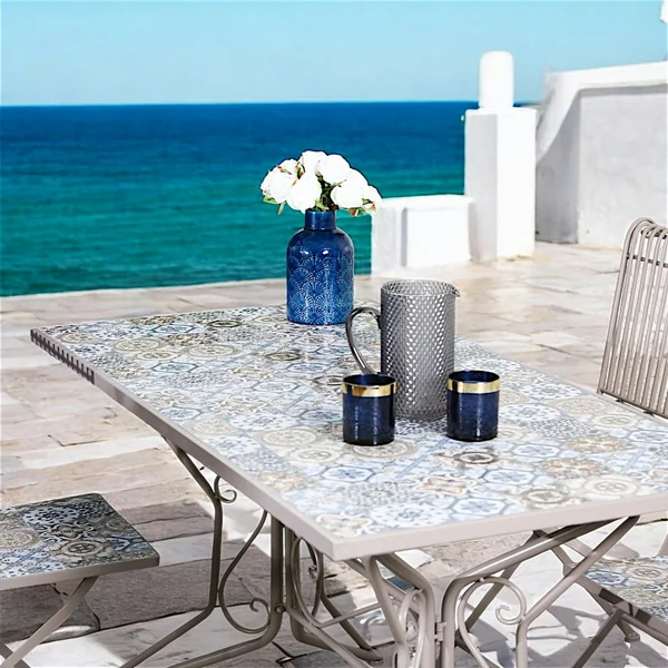 Table de jardin carreaux de ciment bleu et taupe 140 cm GRENADE