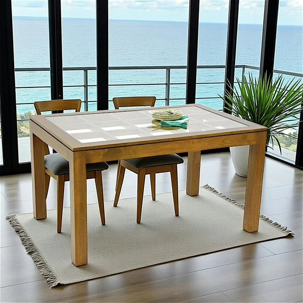Table de repas rectangle Hévéa avec plateau verre posé sur quadrillage bois 138,5x89,5x76cm HELENA