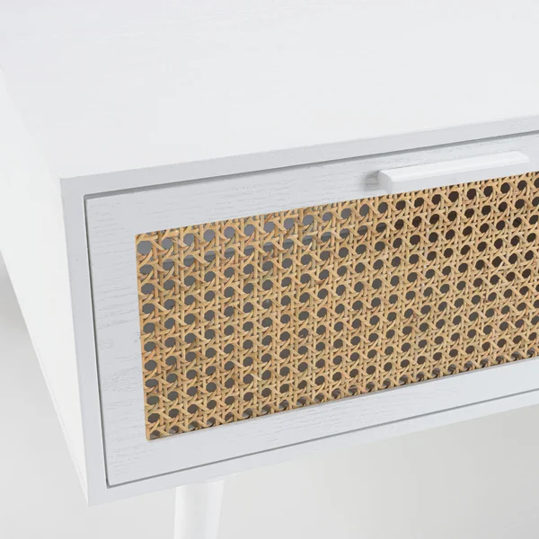 Table de salon bois blanc 2 niches 2 tiroirs rotin CALVIA