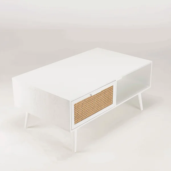 Table de salon bois blanc 2 niches 2 tiroirs rotin CALVIA