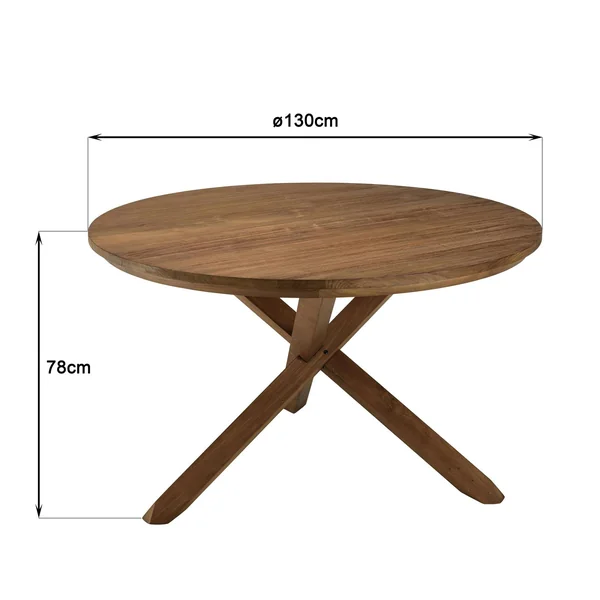 Table ronde en teck massif recyclé 130 cm pied croisé bois SWING