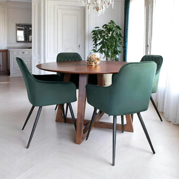 Table ronde vintage en placage noyer Ø137 cm LILLEHAMMER
