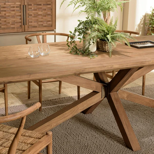 Table à manger 240 cm en teck recyclé massif pied mikado bois SWING