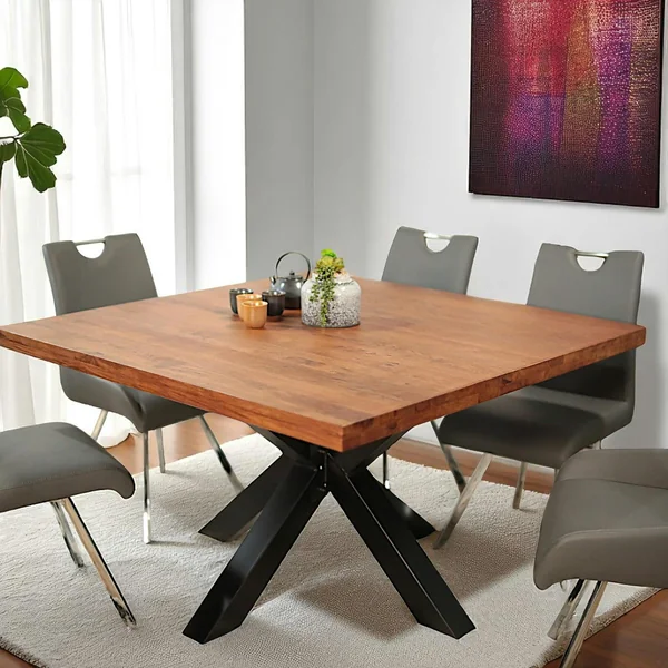 Table à manger carrée chêne métal pied croisé 130 cm OKA