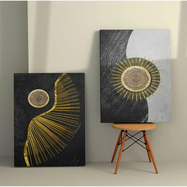 Tableau abstrait soleil or – fond noir et argent (set de 2)