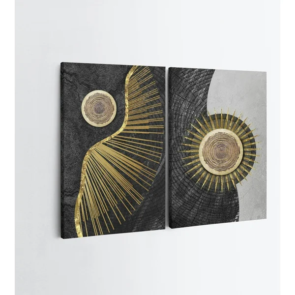 Tableau abstrait soleil or – fond noir et argent (set de 2)