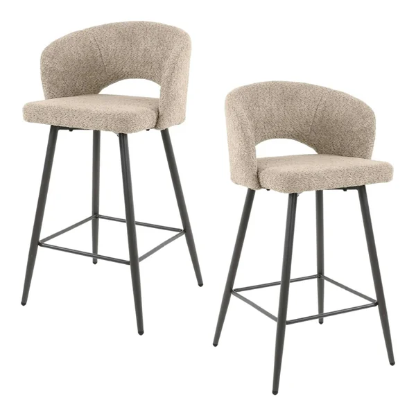 Tabouret de bar en tissu bouclette sable avec dossier ouvert (lot de 2) GALWAY