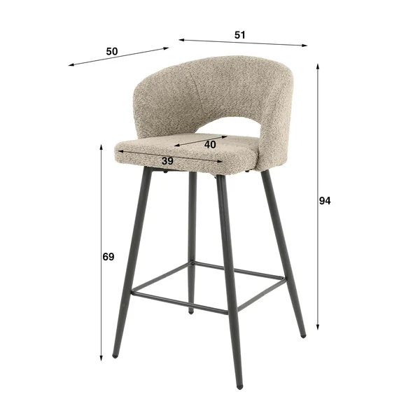 Tabouret de bar en tissu bouclette sable avec dossier ouvert (lot de 2) GALWAY