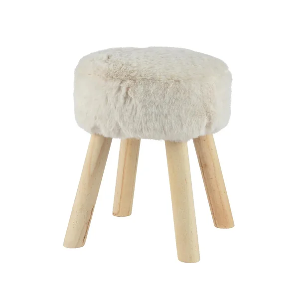Tabouret en fausse fourrure crème avec pieds en bois - Ø 30 x H 38 cm