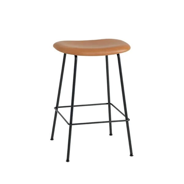Tabouret haut FIBER BAR STOOL pieds acier siège cuir H65 Cognac MUUTO