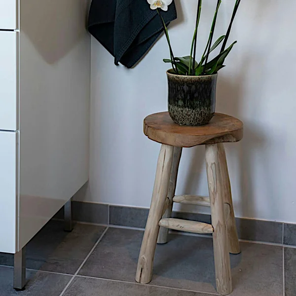 Tabouret rond en bois de teck avec 4 pieds - style campagne ARIZONA
