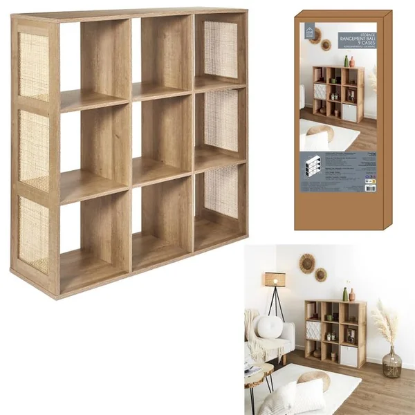 THE HOME DECO FACTORY Etagère De Rangement 9 Cases Bali En Cannage - Marron