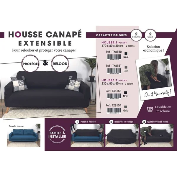 THE HOME DECO FACTORY Housse Extensible Pour Canapé 3 Places - Noir - 230 X 85 Cm
