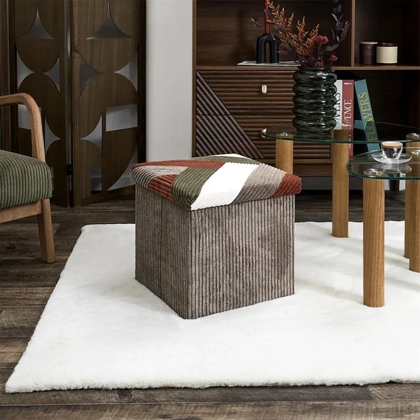 THE HOME DECO FACTORY Pouf Coffre Pliable Patchwork Côtelé Scott