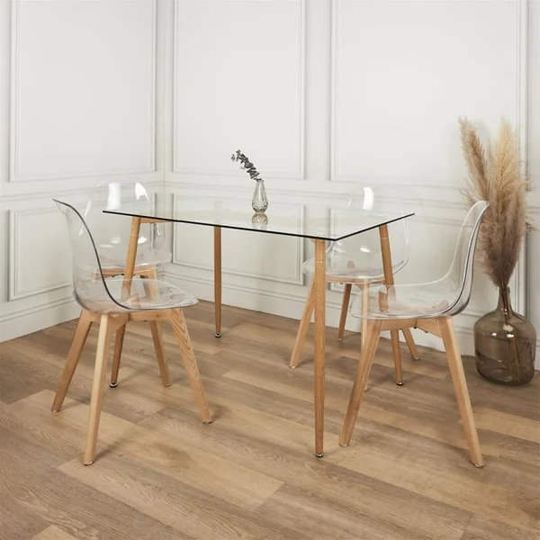 THE HOME DECO FACTORY Table Repas En Verre Pieds Effet Bois 115 Cm