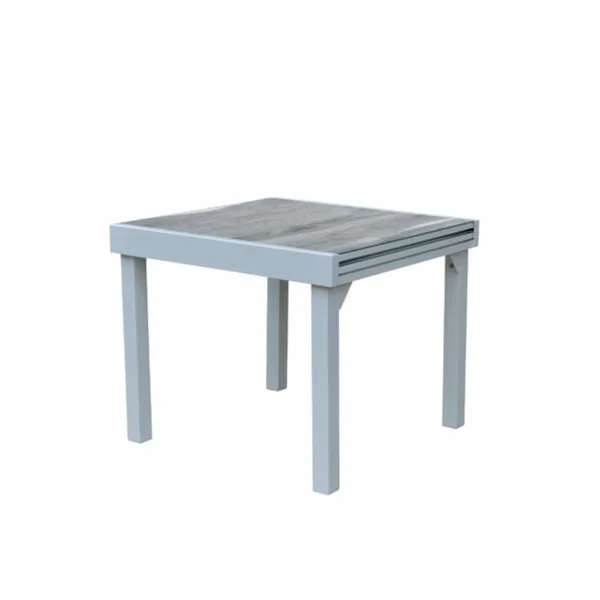 WILSA Table Modulo 4/8 Personnes Structure Aluminium Blanche, Plateau En Verre Décors Bois