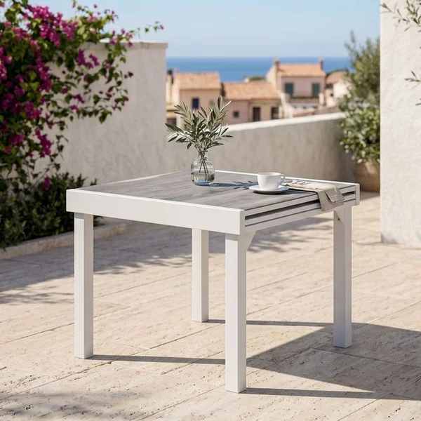 WILSA Table Modulo 4/8 Personnes Structure Aluminium Blanche, Plateau En Verre Décors Bois