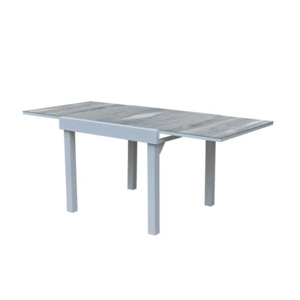 WILSA Table Modulo 4/8 Personnes Structure Aluminium Blanche, Plateau En Verre Décors Bois