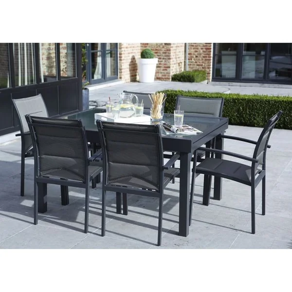 WILSA Table Modulo 6/10 Personnes Structure Aluminium Blanche, Plateau En Verre Décors Bois