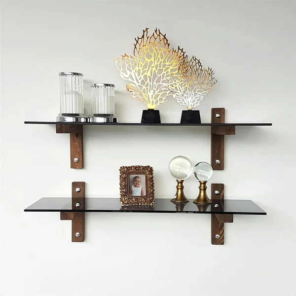 Étagère murale en verre fumé - supports bois foncé (lot de 2) LHASA